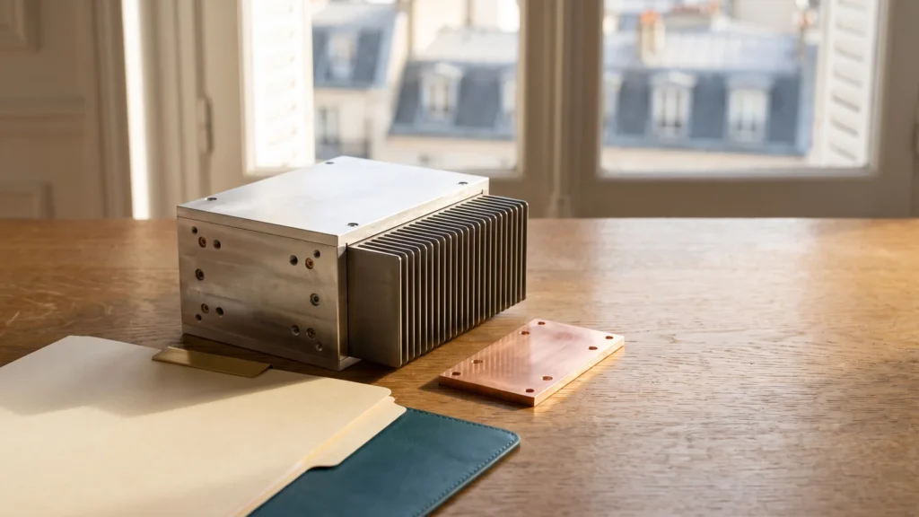 Boîtier métallique muni d'un dissipateur thermique et plaque de cuivre sur un bureau en chêne.