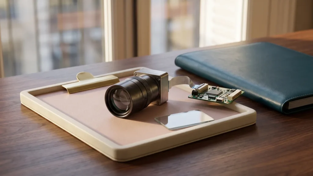 Objectif de caméra industrielle relié à une carte de traitement, avec un filtre optique.