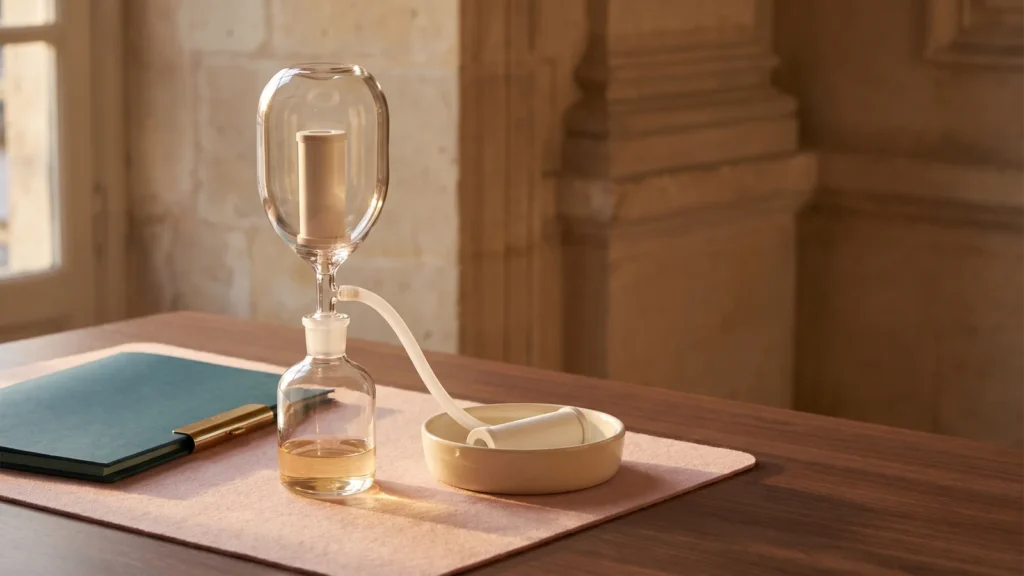 Appareil de filtration en verre, cartouche à membrane et flacon récepteur sur une table en noyer.
