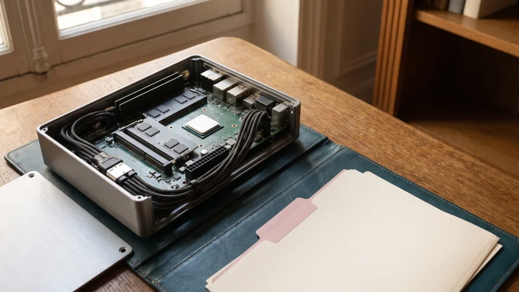Boîtier informatique ouvert montrant des modules mémoire et leurs connexions.