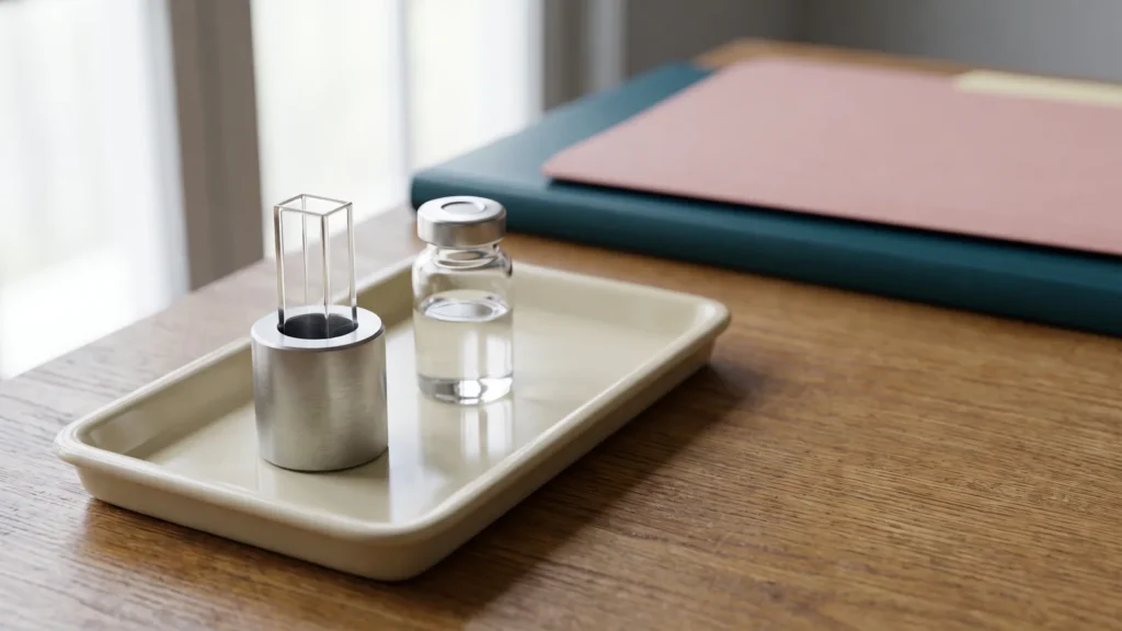 Cuvette d'analyse, porte-échantillon optique et flacon fermé sur un plateau clair.