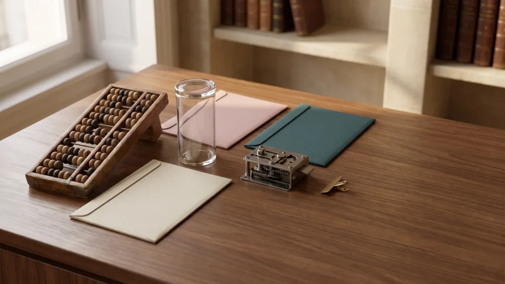 Boulier, récipient en verre et mécanisme de loquet accompagnés de pochettes distinctes.